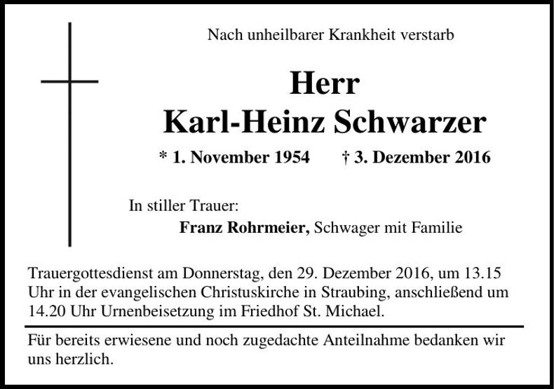 Traueranzeige Karl-Heinz Schwarzer