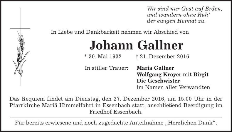 Traueranzeige Johann Gallner