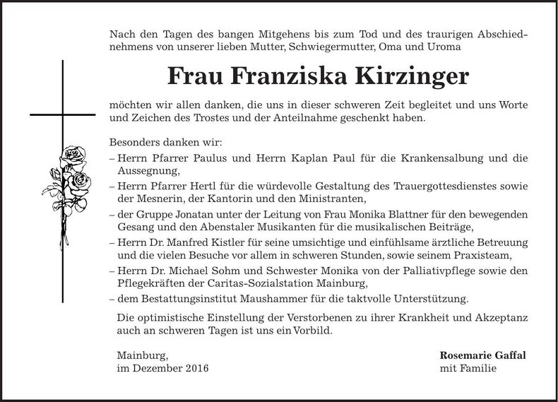 Traueranzeige Franziska Kirzinger