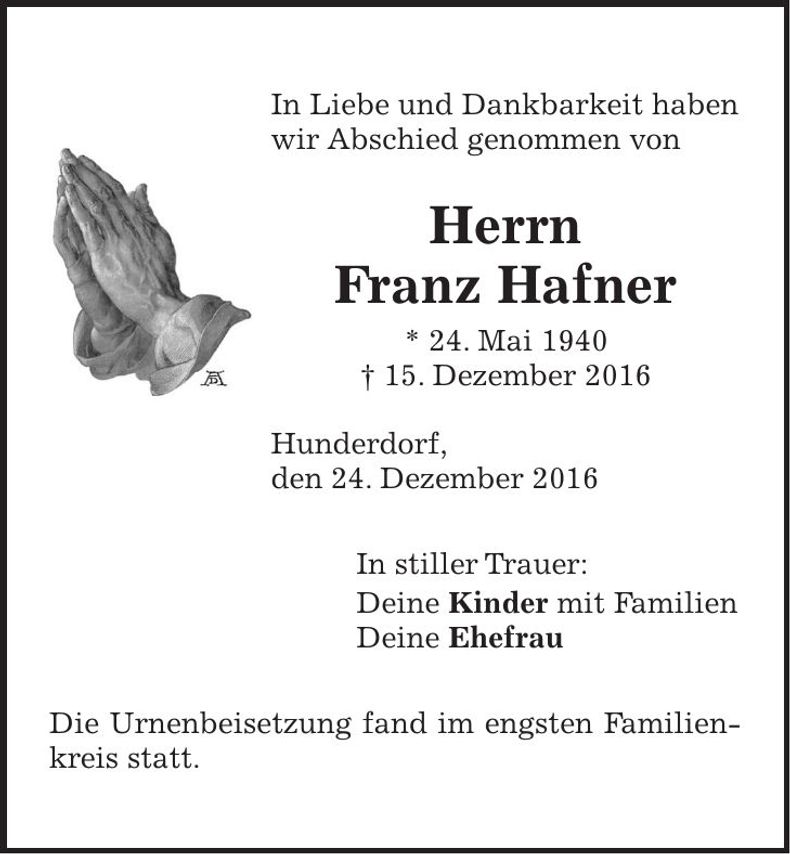 Traueranzeige Franz Hafner