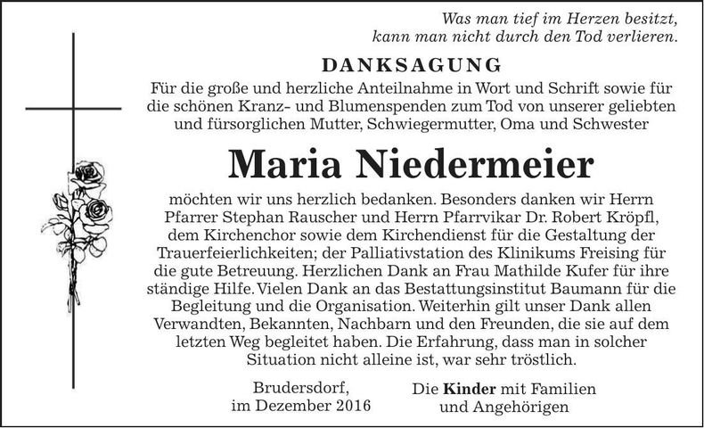 Traueranzeige Maria Niedermeier