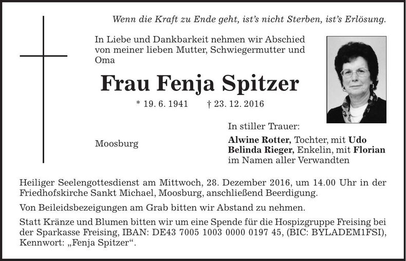 Traueranzeige Fenja Spitzer