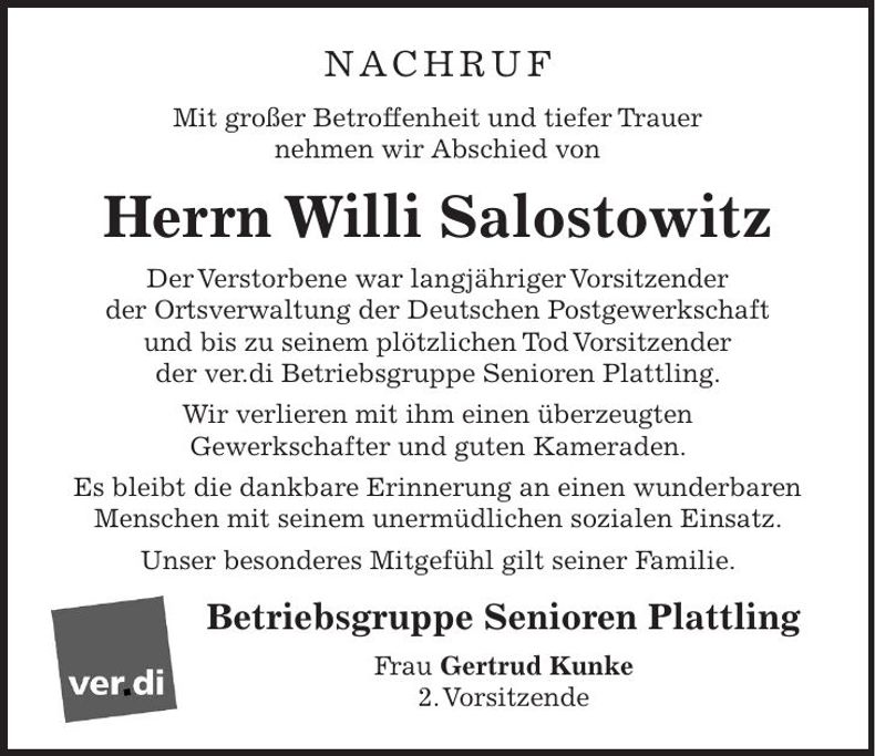Traueranzeige Salostowitz Willi