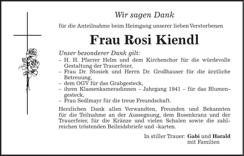 Traueranzeige Rosi Kiendl