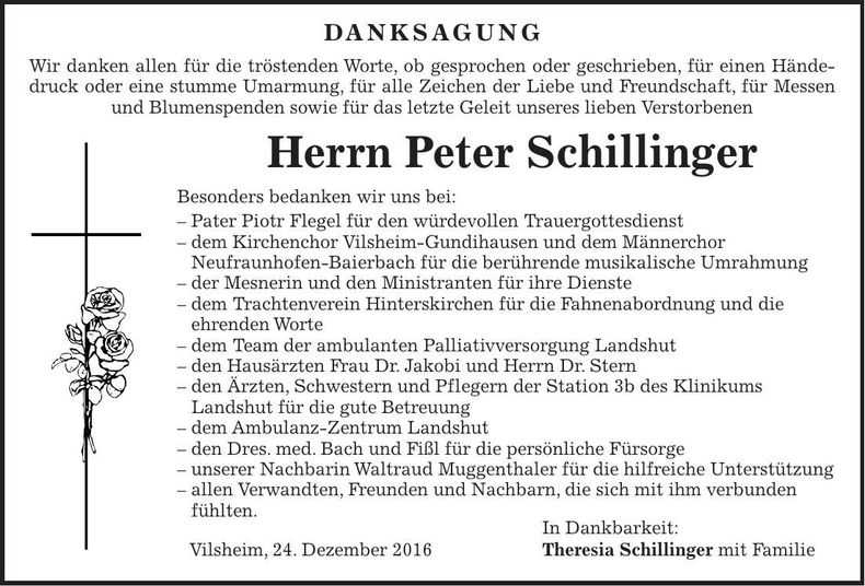 Traueranzeige Peter Schillinger