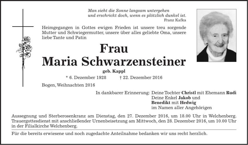 Traueranzeige Maria Schwarzensteiner