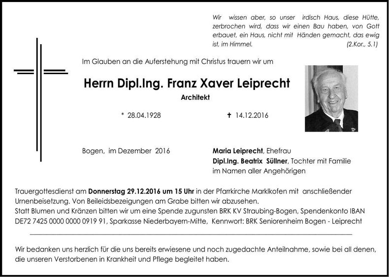 Traueranzeige Franz-Xaver Leiprecht