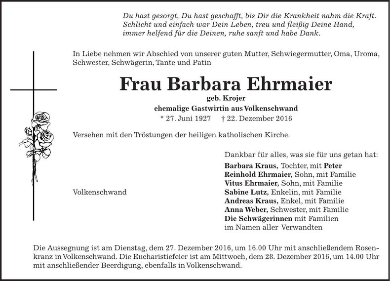 Traueranzeige Barbara Ehrmaier