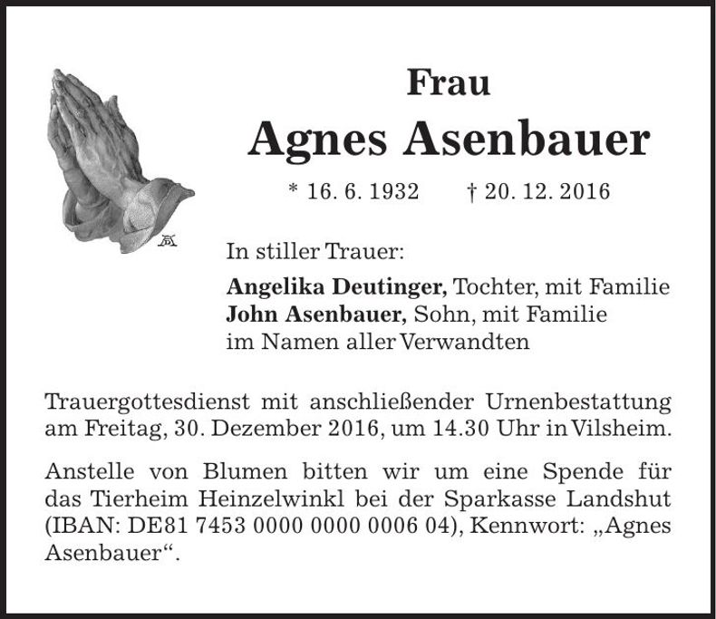 Traueranzeige Agnes Asenbauer