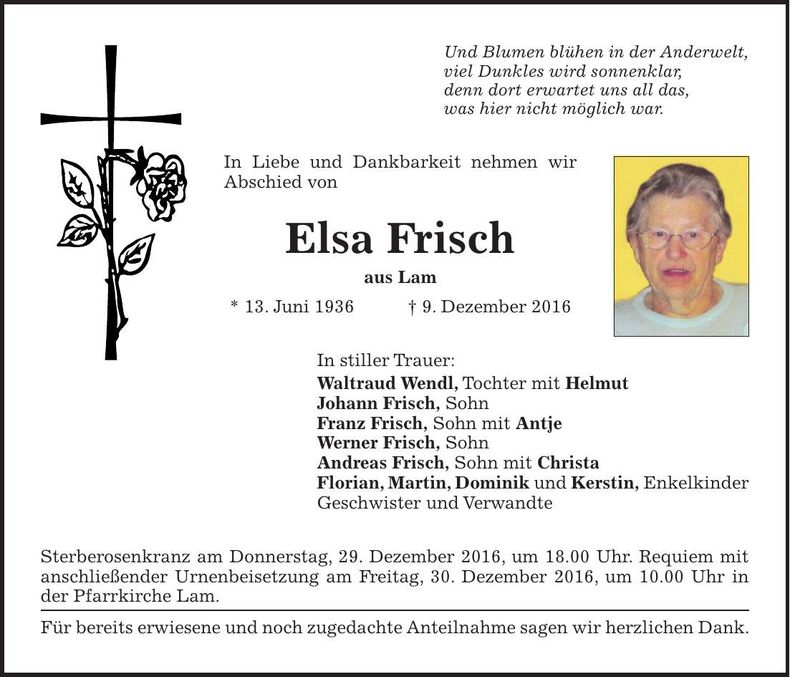 Traueranzeige Elsa Frisch