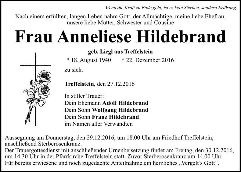 Traueranzeige Anneliese Hildebrand