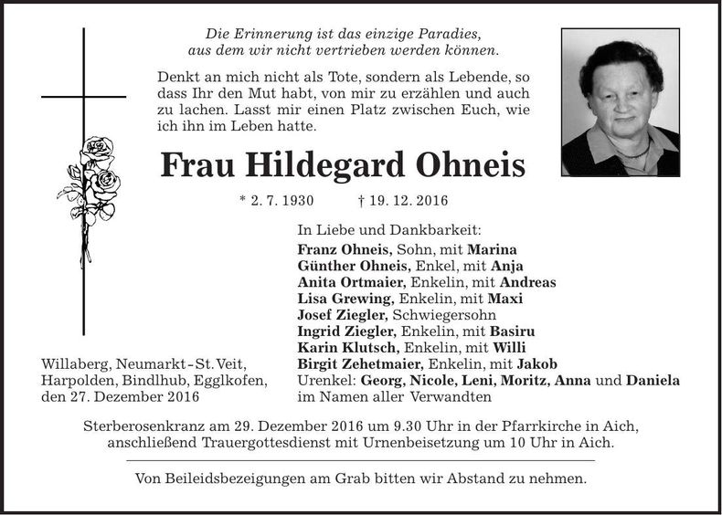 Traueranzeige Hildegard Ohneis