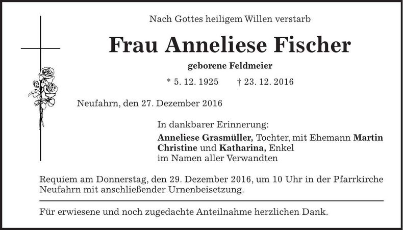Traueranzeige Anneliese Fischer