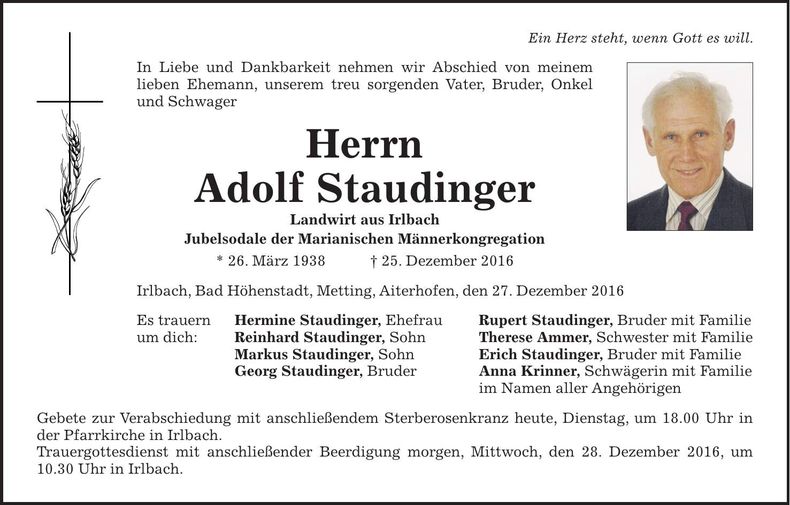 Traueranzeige Adolf Staudinger