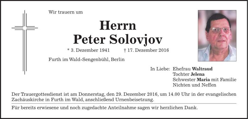 Traueranzeige Peter Solojov