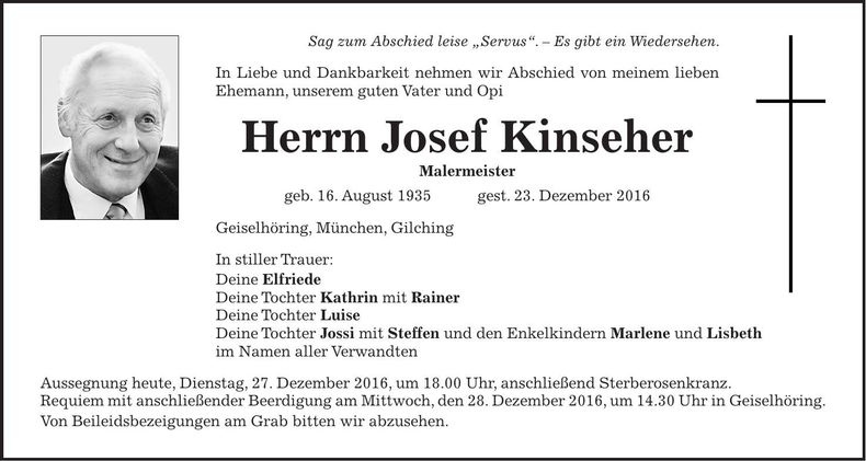 Traueranzeige Josef Kinseher