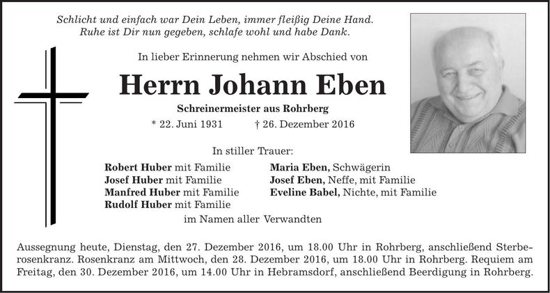 Traueranzeige Johann Eben