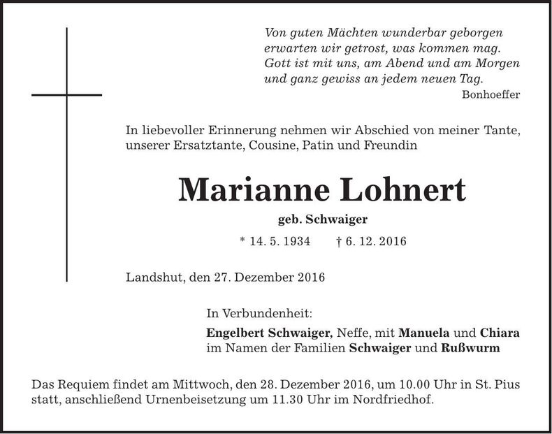 Traueranzeige Marianne Lohnert