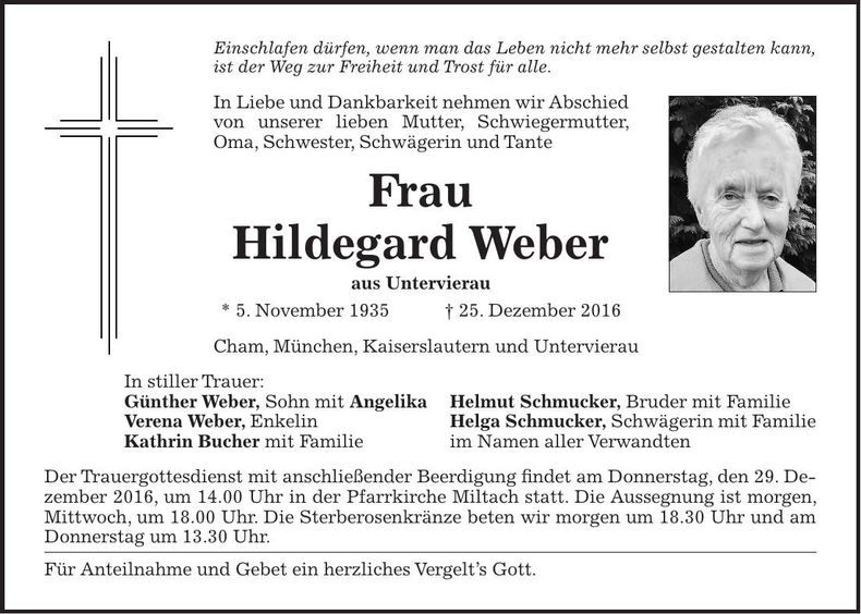 Traueranzeige Hildegard Weber