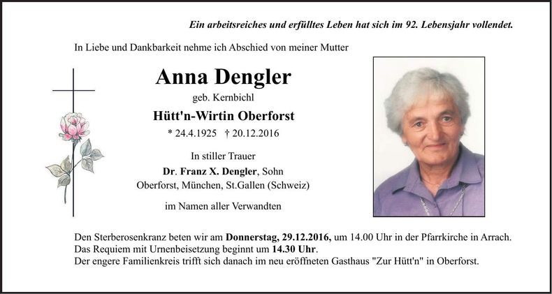 Traueranzeige Anna Dengler