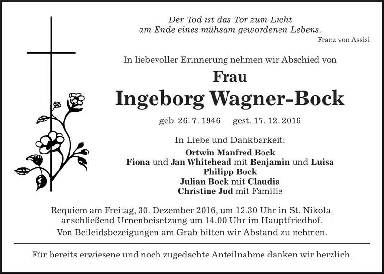 Traueranzeige Ingeborg Wagner-Bock