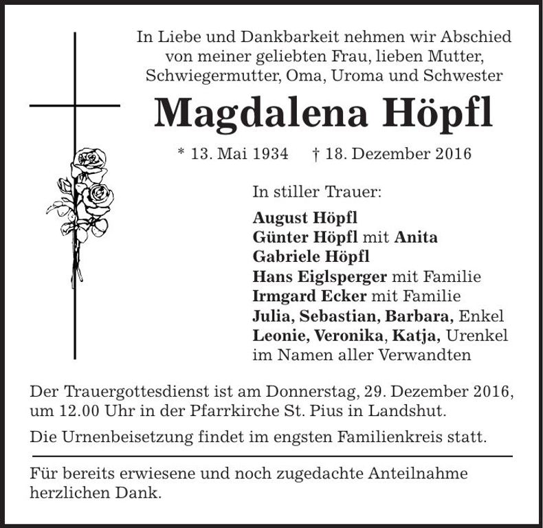 Traueranzeige Magdalena Höpfl