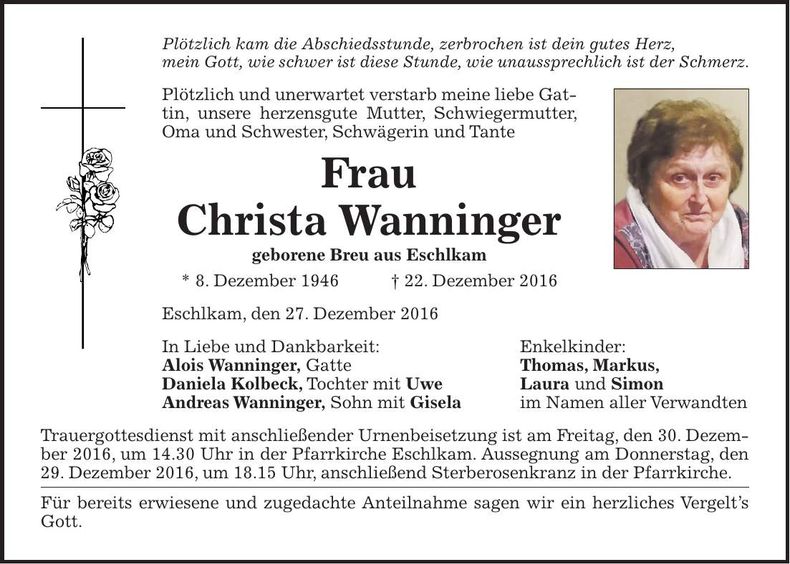 Traueranzeige Christa Wanninger