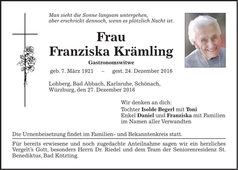 Traueranzeige Franzsika Krämling