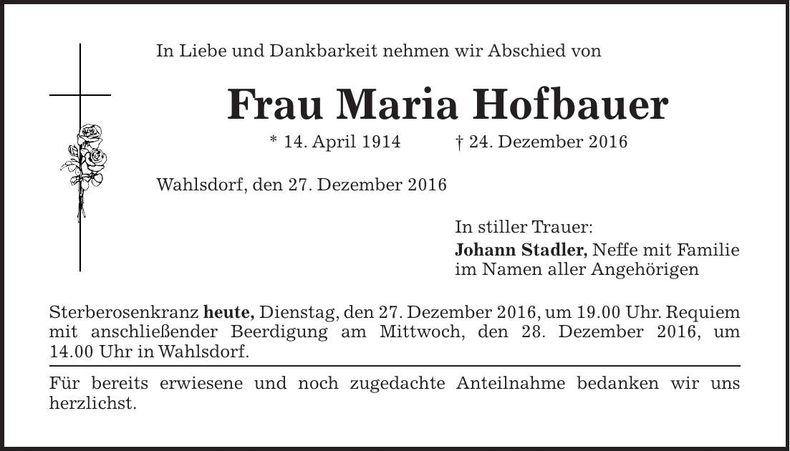 Traueranzeige Maria Hofbauer