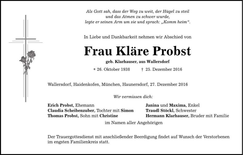 Traueranzeige Kläre Probst