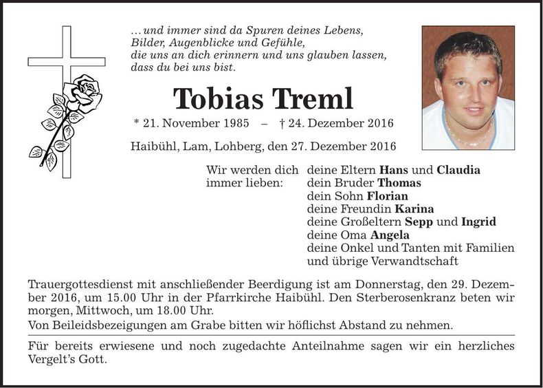 Traueranzeige Tobias Treml