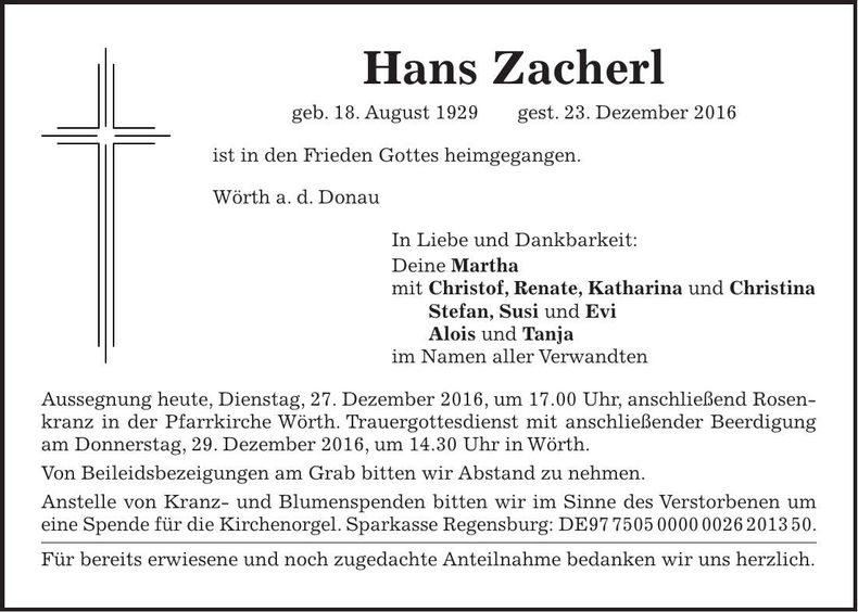 Traueranzeige Hans Zacherl