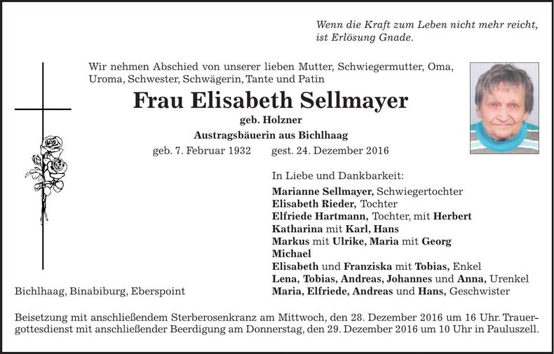 Traueranzeige Elisabeth Sellmayer