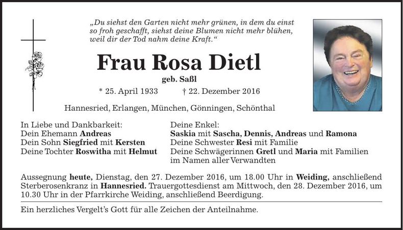 Traueranzeige Rosa Dietl