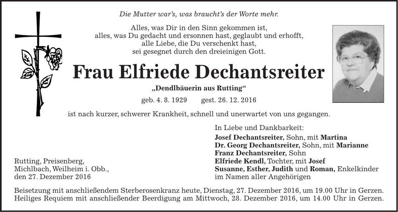Traueranzeige Elfriede Dechantsreiter