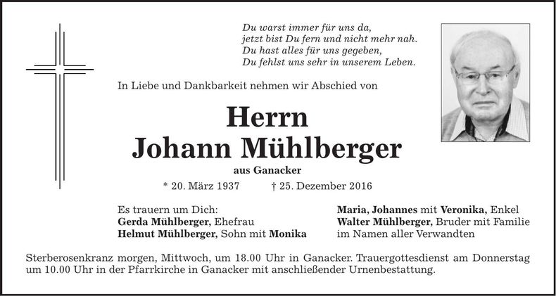 Traueranzeige Johann Mühlberger