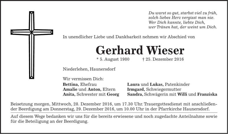 Traueranzeige Gerhard Wieser