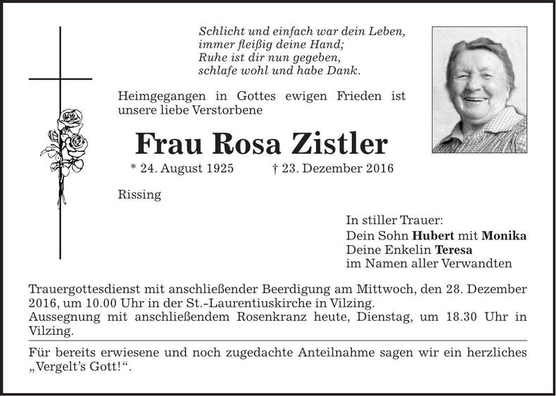 Traueranzeige Rosa Zistler