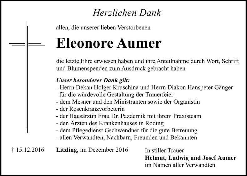 Traueranzeige Eleonore Aumer