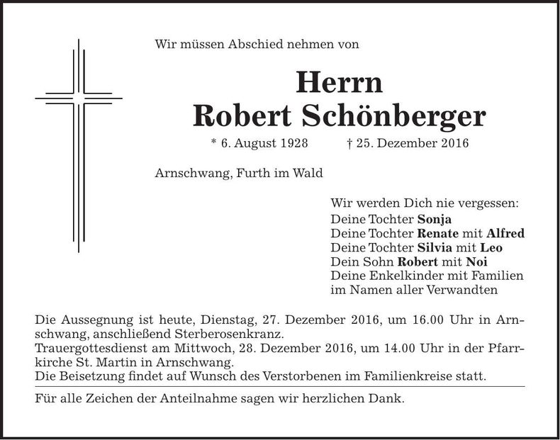Traueranzeige Robert Schönberger
