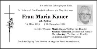 Traueranzeige Maria Kauer