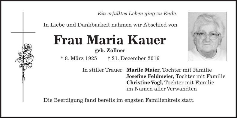 Traueranzeige Maria Kauer