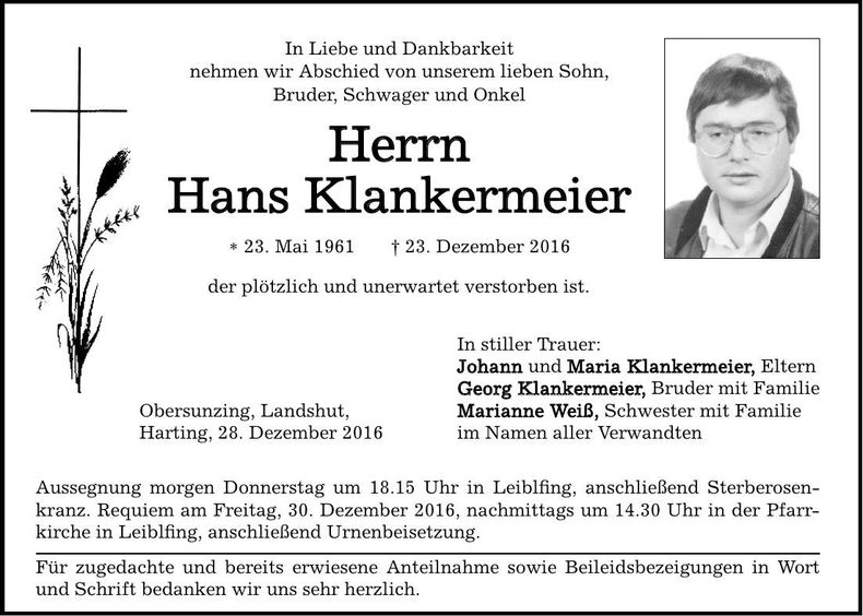 Traueranzeige Hans Klankermeier