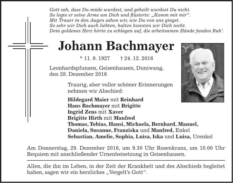 Traueranzeige Johann Bachmayer
