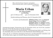 Traueranzeige Maria Urban