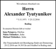 Traueranzeige Alexander Tyutyunikov