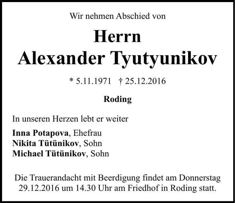 Traueranzeige Alexander Tyutyunikov