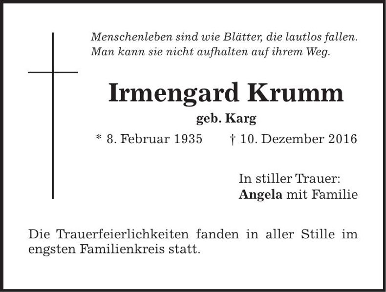 Traueranzeige Irmengard Krumm
