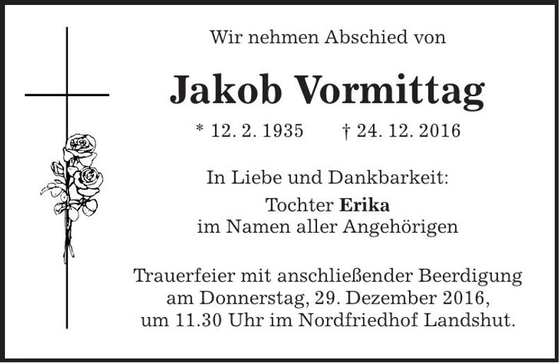 Traueranzeige Jakob Vormittag