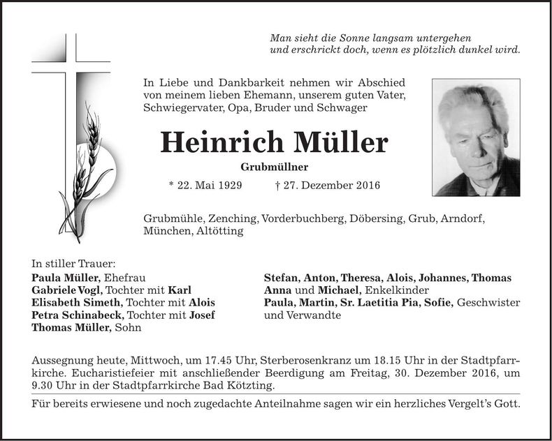 Traueranzeige Heinrich Müller